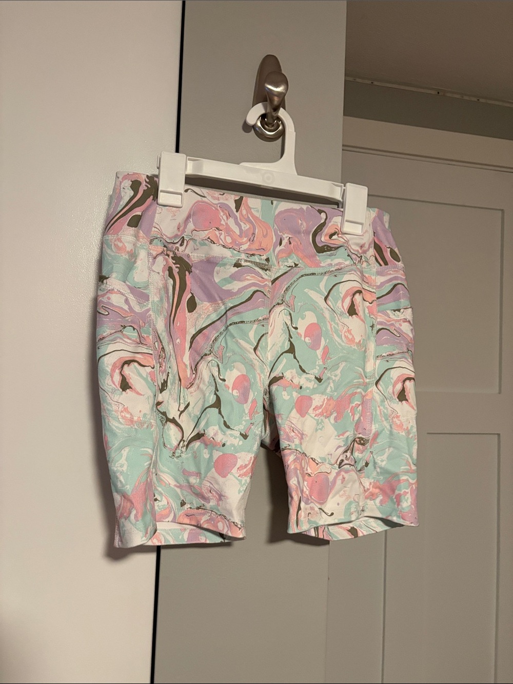 Avia Marble-Print Bike Shorts — Mint, Pink & Lavender